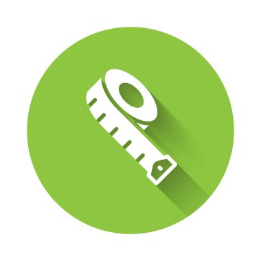 White Measuring tape icon isolated with long shadow. Tape measure. Green circle button. Vector