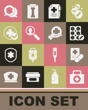 Set First aid kit, Medical prescription, Pills in blister pack, and pen, analysis, Cross hospital medical, Dialogue with the doctor and icon. Vector