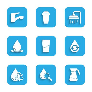 Set Glass with water, Drop and magnifying glass, Jug, Recycle clean aqua, Water drop, Shower head and tap icon. Vector