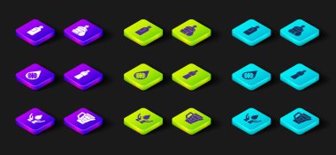 Set Washing hands with soap, Water jug filter, Defrosting, Bottle of water, Big bottle clean and icon. Vector