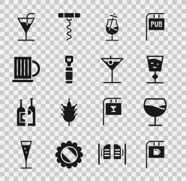 Set Street signboard with Bar, Wine glass, Cocktail, Bottle opener, Wooden beer mug, and Martini icon. Vector