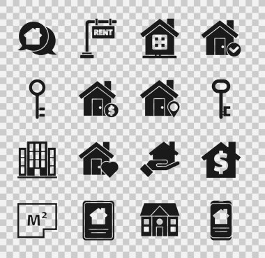Set Online real estate house, House with dollar symbol, key, Real message and Location icon. Vector