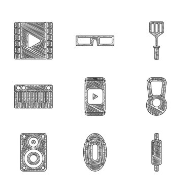 Set Online play video, American Football ball, Rolling pin, Kettlebell, Stereo speaker, Music synthesizer, Spatula and Play Video icon. Vector