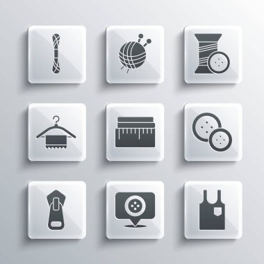 Set Location tailor shop, Sleeveless T-shirt, Sewing button, Tape measure, Zipper, Hanger wardrobe, Yarn and thread and icon. Vector