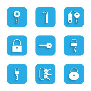 Set Key, Bunch of keys, Lock, picks for lock picking, Unlocked, House with and Wrong icon. Vector