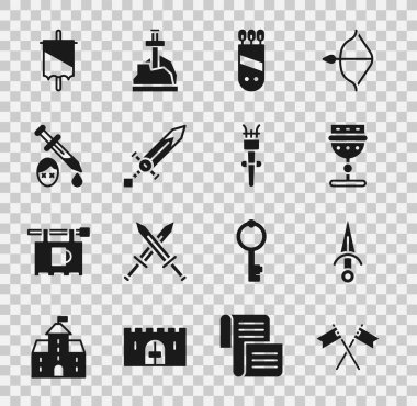 Set Crossed medieval flag, Dagger, Medieval goblet, Quiver with arrows, sword, Sword blood, and Torch flame icon. Vector