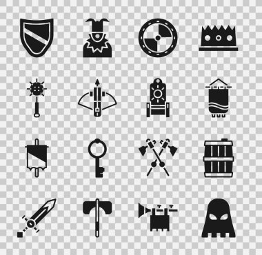 Set Executioner mask, Wooden barrel, Medieval flag, Round wooden shield, Battle crossbow with arrow, chained mace ball, Shield and throne icon. Vector