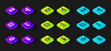 Set Pet shampoo, Veterinary ambulance, carry case, food bowl, Collar with name tag and clinic icon. Vector