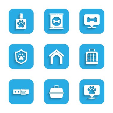 Set Dog house, Pet carry case, Location veterinary, Collar with name tag, Animal health insurance, bone and shampoo icon. Vector
