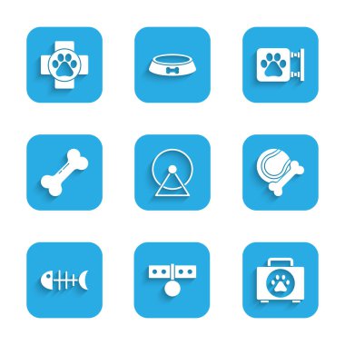 Set Hamster wheel, Collar with name tag, Pet first aid kit, toys bone rubber and ball, Fish skeleton, Dog, Veterinary clinic and icon. Vector