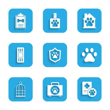 Set Animal health insurance, Pet first aid kit, Clinical record pet, Paw print, Cage for birds, Bandage plaster, house and icon. Vector