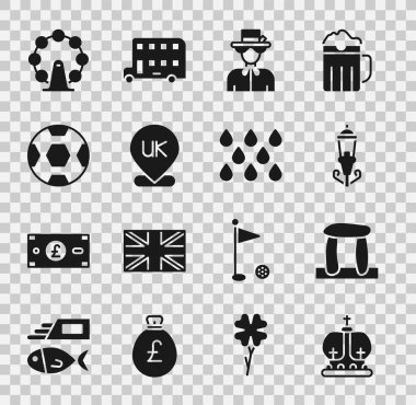 Set British crown, Stonehenge, Vintage street light, Queen Elizabeth, Location England, Football ball, London eye and Water drop icon. Vector
