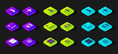 Set Road, Cable car, Scooter, Delivery cargo truck, Plane and Hatchback icon. Vector