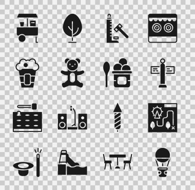 Set Hot air balloon, Amusement park map, Road traffic signpost, Striker attraction with hammer, Teddy bear plush toy, Popcorn in box, Fast street food cart and Ice cream bowl icon. Vector
