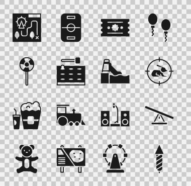 Set Firework rocket, Seesaw, Hunt on rabbit with crosshairs, Ticket, Arcade game machine, Lollipop, Amusement park map and Water slide icon. Vector