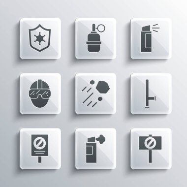 Set Pepper spray, Protest, Police rubber baton, Flying stone, Special forces soldier, badge and icon. Vector