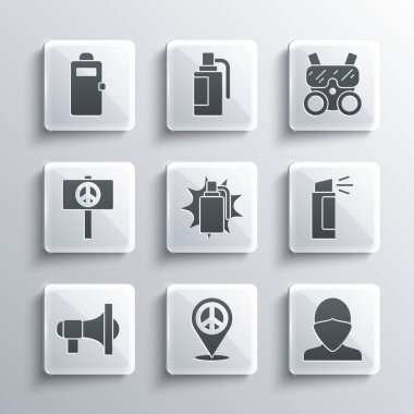 Set Location peace, Vandal, Pepper spray, Hand grenade, Megaphone, Peace, Police assault shield and Gas mask icon. Vector