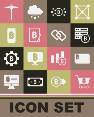 Set Shopping cart with bitcoin, Credit card, Server, Bitcoin circuit, Mining from tablet, mobile, Pickaxe and Chain link icon. Vector