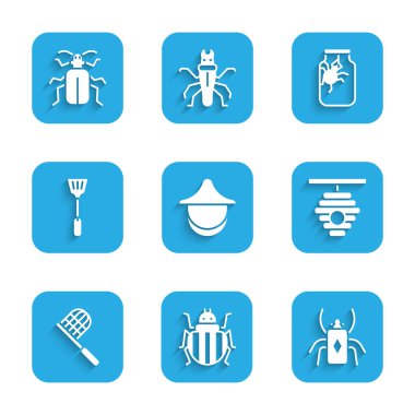 Set Beekeeper hat, Colorado beetle, Beetle bug, Hive for bees, Butterfly net, Fly swatter, Spider in jar and Chafer icon. Vector