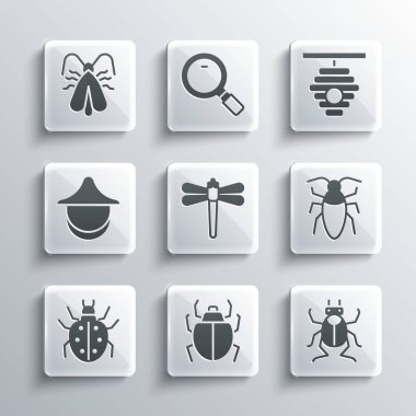Set Mite, Beetle bug, Cockroach, Dragonfly, Beekeeper hat, Clothes moth and Hive for bees icon. Vector