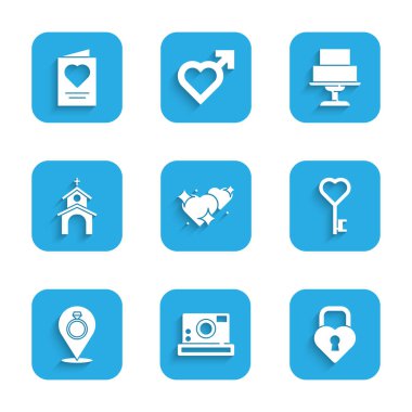 Set Two Linked Hearts, Photo camera, Castle the shape of heart, Key, Wedding rings, Church building, cake and Greeting card icon. Vector