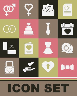 Set Bow tie, Diamond engagement ring, Calendar, Greeting card, Wedding cake with heart, rings, Gender and Tie icon. Vector