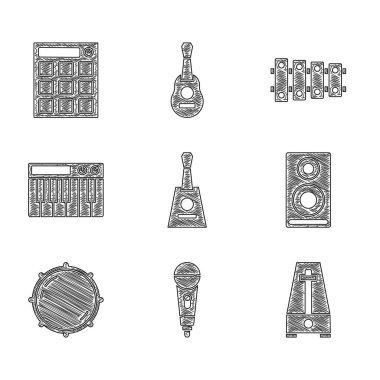 Set Balalaika, Microphone, Metronome with pendulum, Stereo speaker, Dial knob level, Music synthesizer, Xylophone and Drum machine icon. Vector