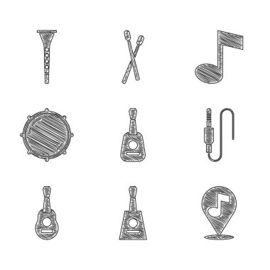 Set Guitar, Balalaika, Location musical note, Audio jack, Dial knob level, Music tone and Clarinet icon. Vector