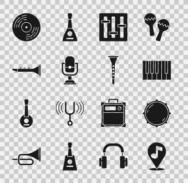 Set Location musical note, Dial knob level, Grand piano, Sound mixer controller, Microphone, Clarinet, Vinyl disk and icon. Vector
