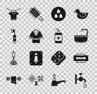 Set Water tap, Blade razor, Bathtub, drop, Bathrobe, Electric toothbrush, Drying clothes and Hand sanitizer bottle icon. Vector