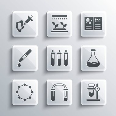 Set Test tube and flask, on stand, Reagent bottle, Chemical formula, Pipette, Syringe and Clinical record icon. Vector