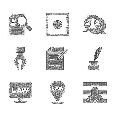 Set Document and pen, Location law, Prisoner, Feather inkwell, Fountain nib, Scales of justice and Paper analysis magnifying icon. Vector