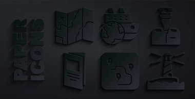 Set Route location, Captain of ship, Brochure, Lighthouse, Cruise and Folded map icon. Vector