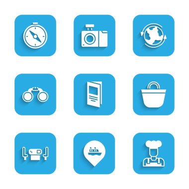Set Brochure, Location with cruise ship, Cook, Beach bag, Poker table, Binoculars, Worldwide and Compass icon. Vector