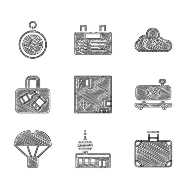 Set World travel map, Airport control tower, Suitcase, Fuel tanker truck, Box flying parachute, Cloud weather and Barometer icon. Vector