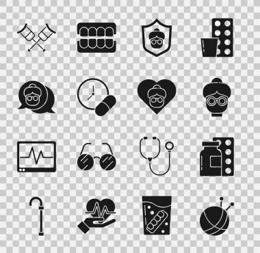 Set Yarn ball with knitting needles, Pills blister pack, Grandmother, Medicine pill or tablet, Crutch crutches and icon. Vector