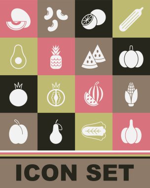 Set Garlic, Corn, Pumpkin, Orange fruit, Pineapple, Avocado, Melon and Watermelon icon. Vector