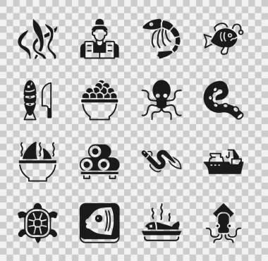 Set Octopus, Fishing boat, of tentacle, Shrimp, Caviar, with sliced pieces, Seaweed and icon. Vector