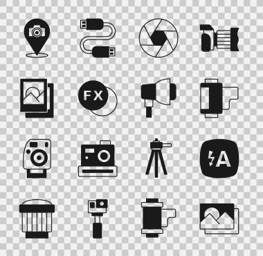 Set Photo frame, Auto flash, Camera roll cartridge, shutter, camera fx, and Softbox light icon. Vector