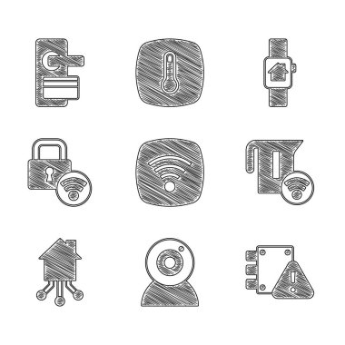 Set Wi-Fi wireless internet network, Web camera, House under protection, Smart electric kettle, home, Digital door lock, with smart watch and icon. Vector