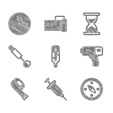 Set Medical thermometer, Syringe, Compass, Digital, Measuring tape, spoon, Old hourglass with sand and Radius icon. Vector