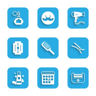 Set Hairbrush, Calendar with haircut day, Electrical clipper, Bottle of shampoo, Blade razor, dryer and Aftershave icon. Vector