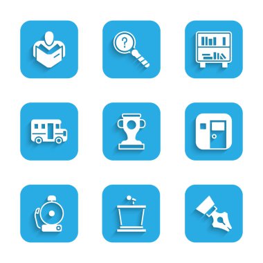 Set Award cup, Stage stand, Fountain pen nib, School classroom, Ringing alarm bell, Bus, Shelf with books and Man reading icon. Vector