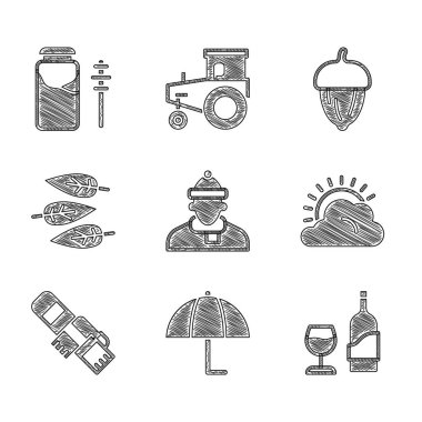 Set Autumn clothes, Umbrella, Wine bottle with glass, Sun and cloud weather, Winter scarf, Leaf or leaves, Acorn and Jar of honey dipper stick icon. Vector