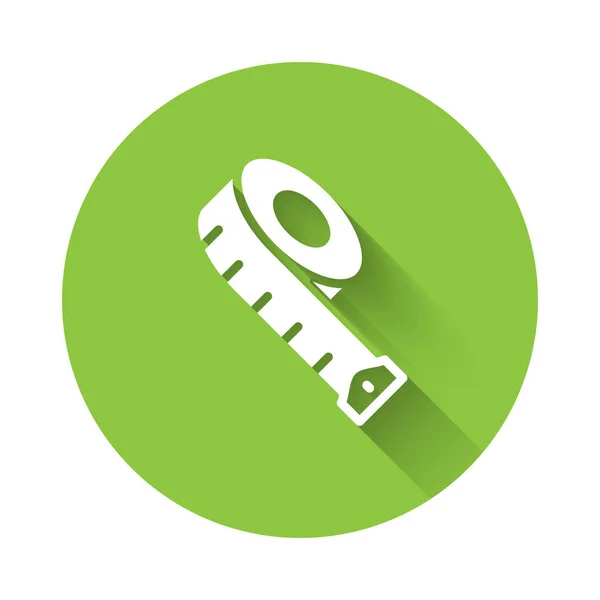 White Measuring tape icon isolated with long shadow. Tape measure. Green circle button. Vector — Διανυσματικό Αρχείο