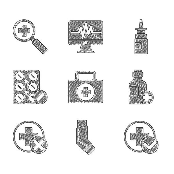 Set First aid kit, Inhaler, Cross hospital medical, Bottle of medicine syrup, Pills blister pack, nasal spray and Magnifying glass for search icon. Vector — ストックベクタ