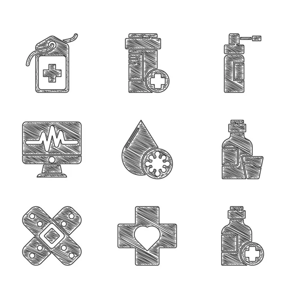 Set Blood test and virus, Heart with cross, Bottle of medicine syrup, Crossed bandage plaster, Monitor cardiogram, nozzle spray and hospital medical tag icon. Vector —  Vetores de Stock