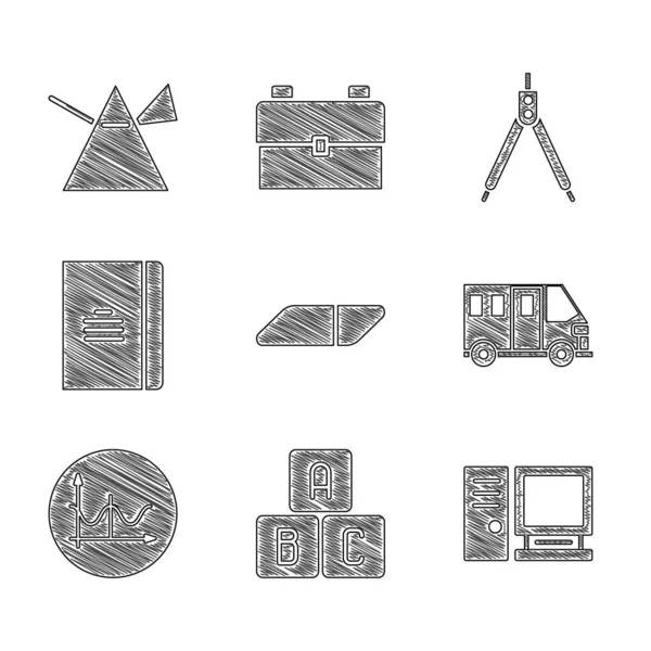 Set Eraser or rubber, ABC blocks, Computer monitor, School Bus, Graph, schedule, chart, diagram, Spiral notebook, Drawing compass and Light rays prism icon. Vector — Stok Vektör