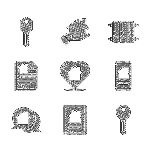 Set House with heart shape, Online real estate house, key, Real message, contract, Heating radiator and icon. Vector