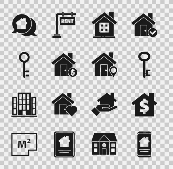 Set Online real estate house, House with dollar symbol, key, Real message and Location icon. Vector — Vector de stock